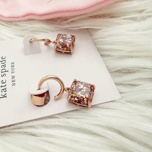 KATE SPADE | Square Glitter Stone Charm Huggie Hoop Earrings Rose Gold Pink - Picture 7 of 7